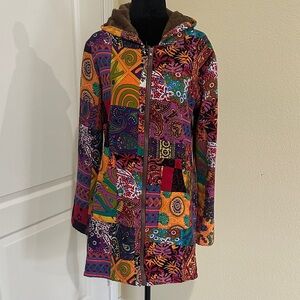 Colorful Boho Patchwork Print Women's faux fur lined Jacket made by Cellabie. S